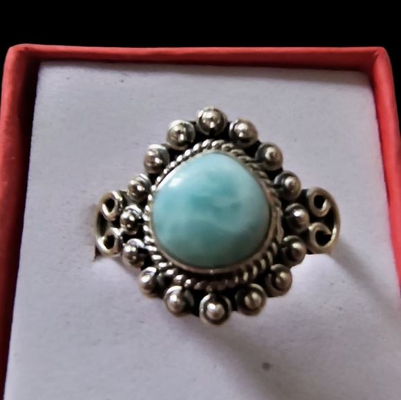 Natural Larimar & Sterling Silver Solitaire Ring Size 7 1/2 - Picture 2 of 10